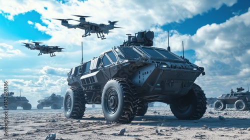 Futuristic military vehicles on a desert battlefield, with drones overhead