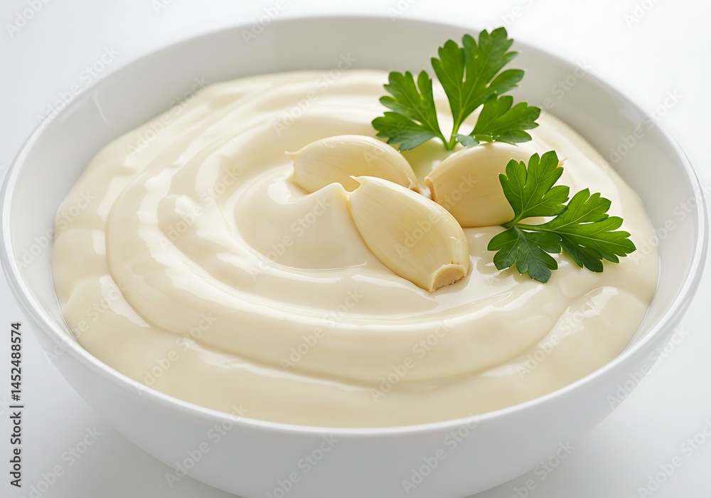 A bowl of creamy sauce with garlic cloves and parsley garnish on a white background close up view