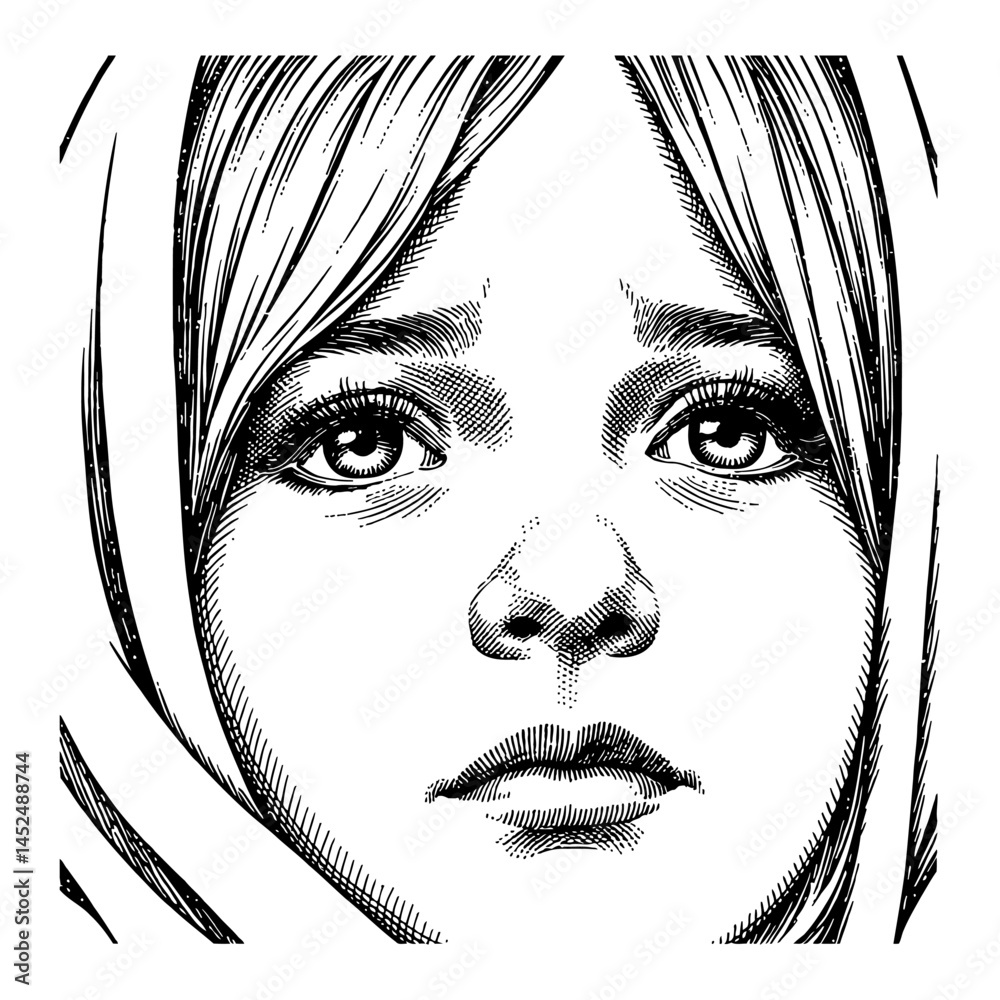 Obraz premium Sad Arab Girl Crying Face Close Up in Black and White Outline Line Art Drawing Illustration