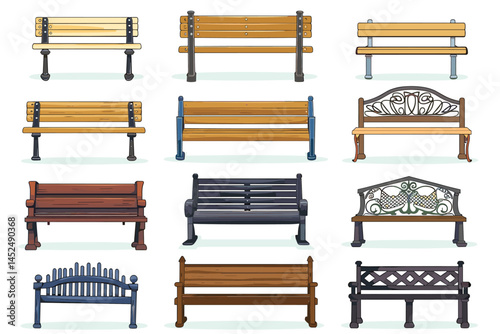 Cartoon bench. Wooden park benches, comfortable public garden seats and outdoor furniture vector illustration set. Wooden exterior elements for relaxation in city isolated on white