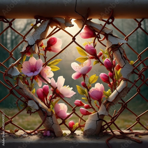 Broken chain link fence framing new blossoms – barriers transf