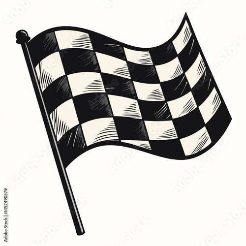 Design a bold, retro-styled vector graphic of a checkered racing flag, emphasizing thick, strong strokes.  Include distinct check pattern.
