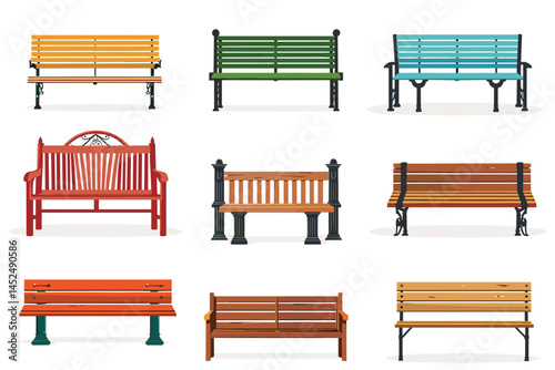 Cartoon bench. Wooden park benches, comfortable public garden seats and outdoor furniture vector illustration set. Wooden exterior elements for relaxation in city isolated on white