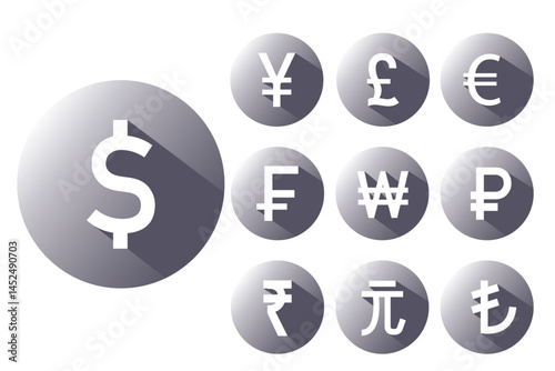 Dollar pound sterling Euro Yen Ruble Franc Lira Won Yuan and Rupee for money transfer and investment forex exchange concept , Illustrator and EPS file.