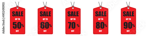 Collection of red tag label for up to 50 to 90 percent  off for marketing sale discount special off to customer in end year sale , midnight sale concept by illustration and EPS file.