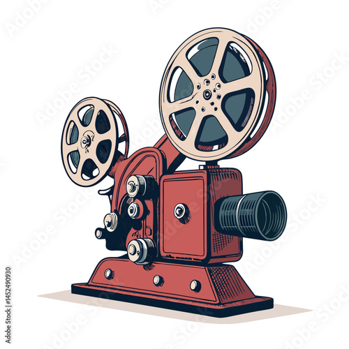 Design a bold, retro-styled vector graphic for a movie projector.  Emphasize strong outlines and a vintage aesthetic.