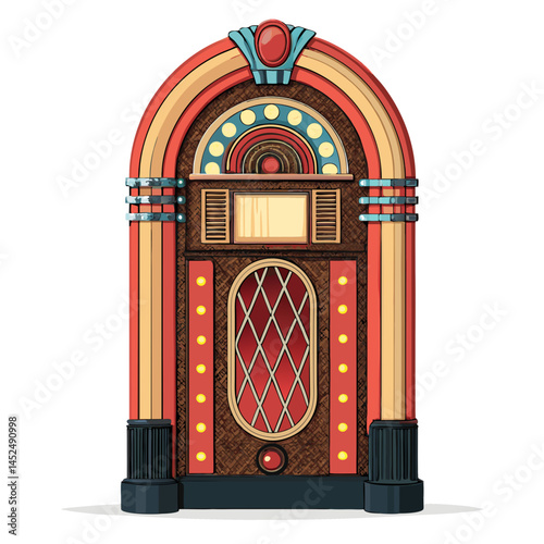 Create a bold, vector illustration of a retro jukebox with vibrant colors and a thick outline, suitable for vintage-themed designs.