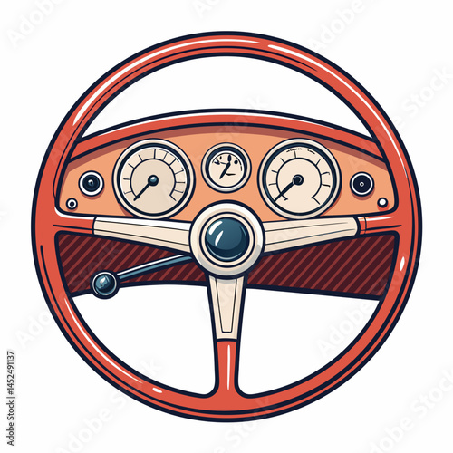 Create a bold, vector illustration of a retro race car dashboard with thick outlines.  Include prominent gauges, dials, and a sporty, vintage aesthetic.