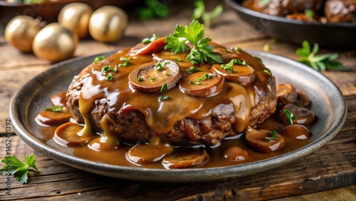 Juicy Salisbury steak on a plate with a rich, savory mushroom gravy sauce , meaty, grilled steak,  meaty