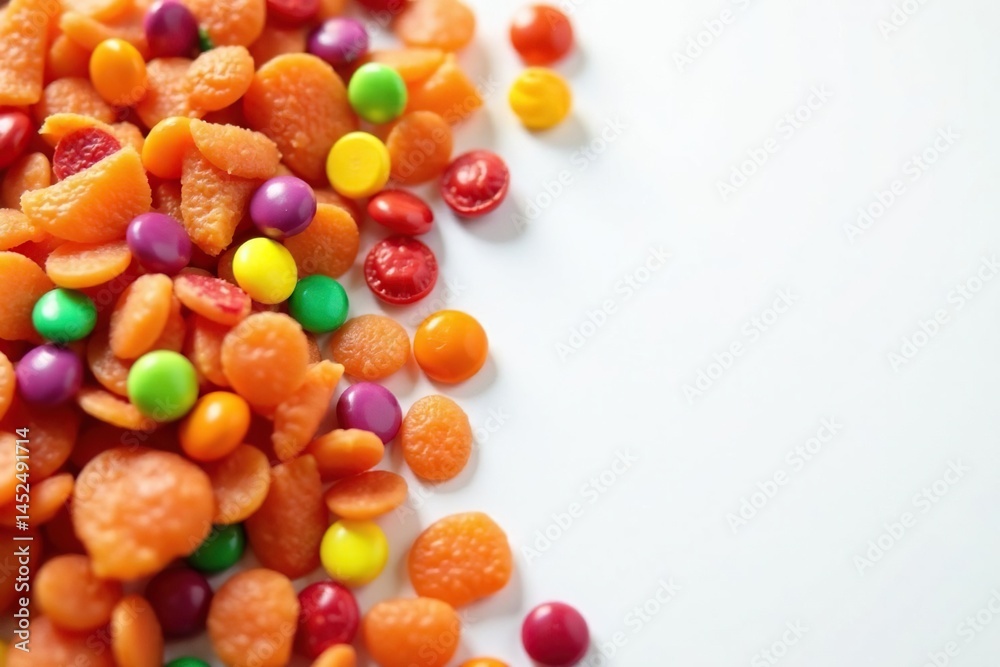 Pile of colorful chips, candies, and sweets on white , cookie, cake Pile of colorful chips, candies, and sweets on white , cookie, cake