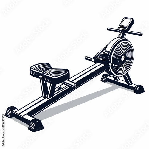 Create a bold, vector illustration of a rowing machine, emphasizing its strong lines and metallic components.  Include details like the seat, flywheel, and resistance mechanism.