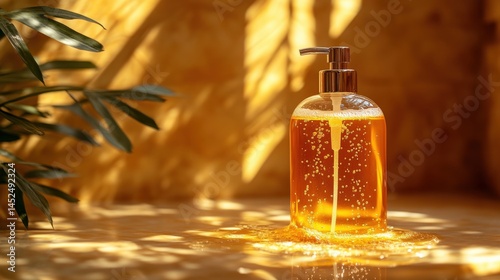 A shimmering golden liquid soap dispenser spills on a sunlit bathroom counter with lush greenery
