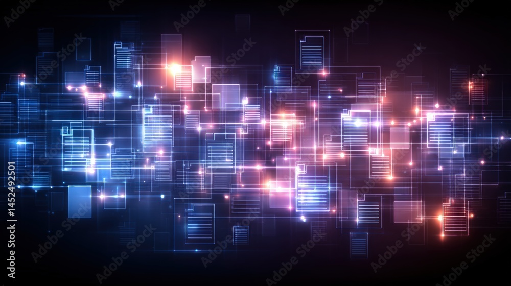 Abstract network grid with files and folders, futuristic software interface, digital document management system, store, search and organize documents, corporate business, paperless office,