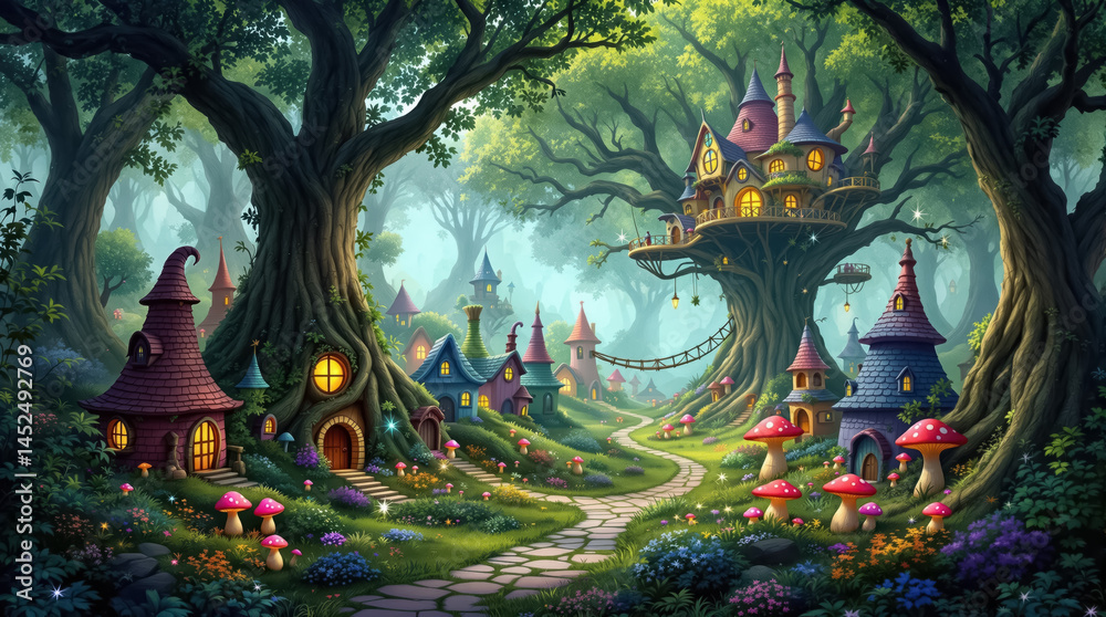 Fantasy houses in magic forest, scenery of fairy tale village