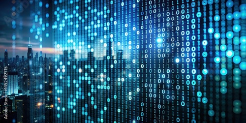 Wallpaper Mural Technical details of binary code on a dark screen with a blurred cityscape in the background, shadows Torontodigital.ca