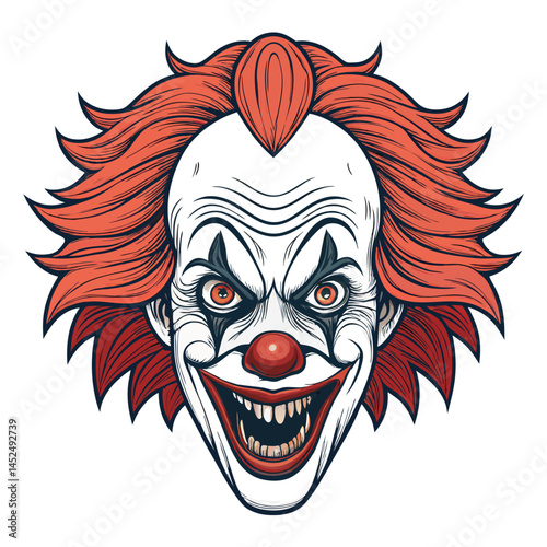 Design a vector illustration of a terrifying clown face with bold, black strokes.  Emphasis on sharp details and exaggerated features.