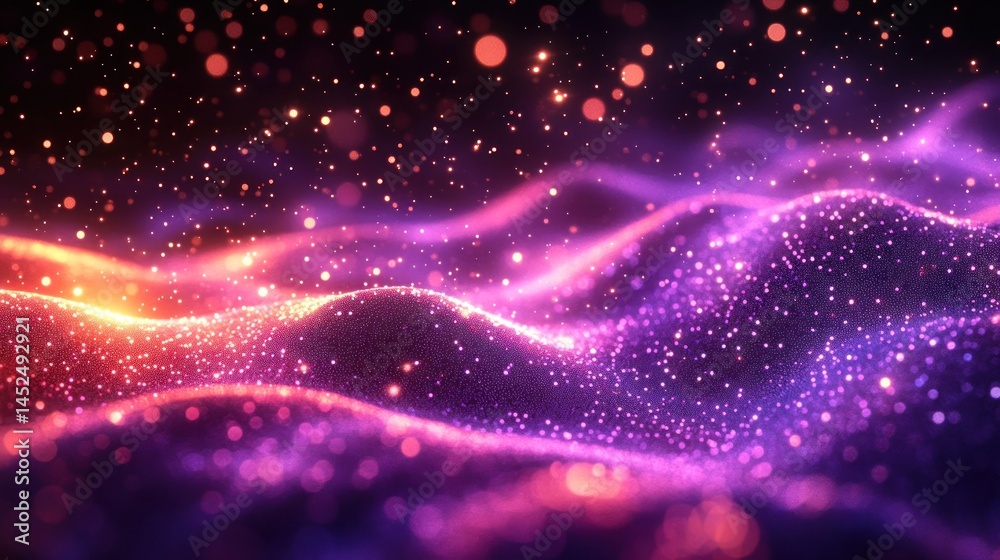 Fototapeta premium Abstract glowing particle waves in purple and orange