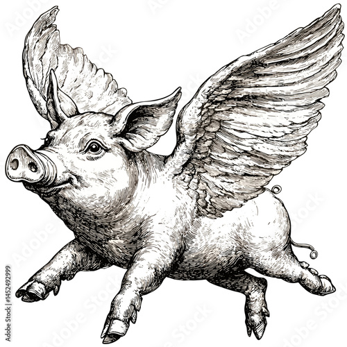 Flying pig, woodcut vector, vintage engraving, black sketch, antique illustration, rustic animal art, fantasy farm creature, whimsical artwork, hand-drawn style, retro etching