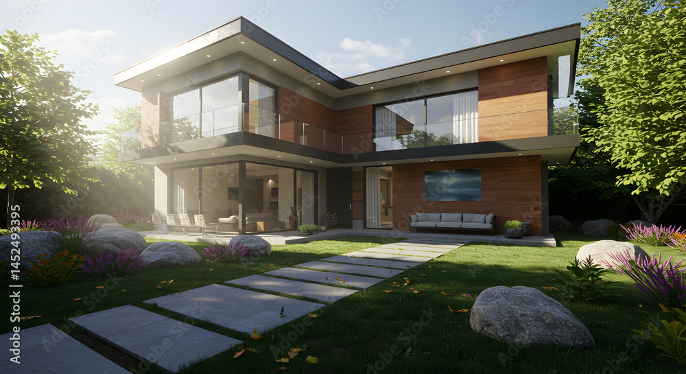 Fototapeta premium Modern Residential House With Landscaped Yard And Contemporary Architecture
