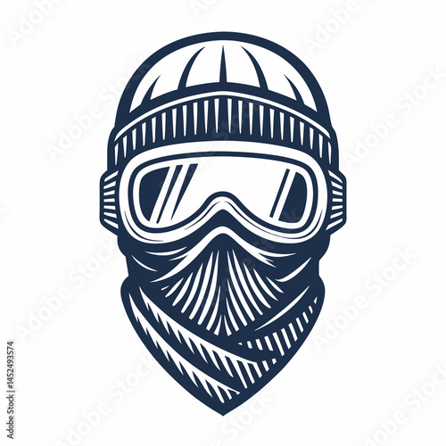 Create a bold vector illustration of a ski mask and goggles, emphasizing strong outlines and clean lines.  The design should be suitable for a logo or icon.
