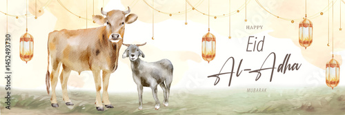 Happy Eid Al-Adha Wide Banner with Painting of Cow and Goat Qurban Watercolor Background