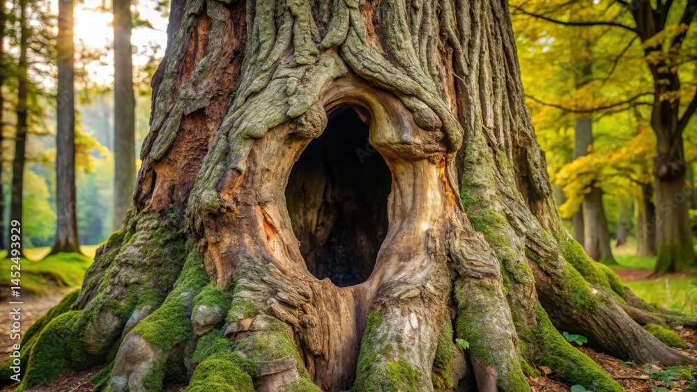 Fototapeta premium Ancient, gnarled tree trunk with a natural hole or cavity , outdoor, nature, outdoor, nature, tree structure