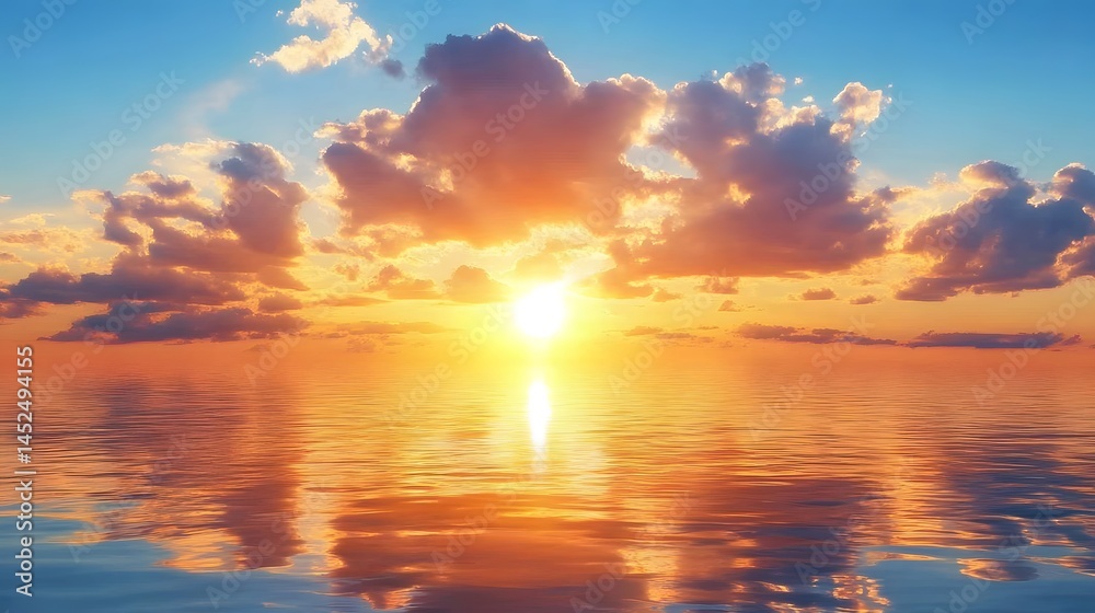 Fototapeta premium Golden Sunset Over Calm Ocean Water, Dramatic Sky Cloudscape