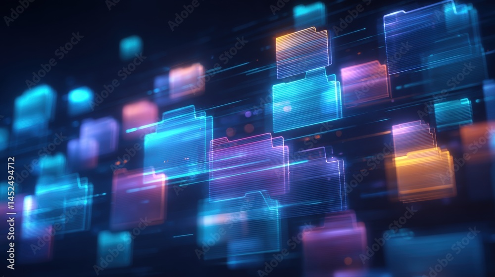 Abstract network grid with files and folders, futuristic software interface, digital document management system, store, search and organize documents, corporate business, paperless office,