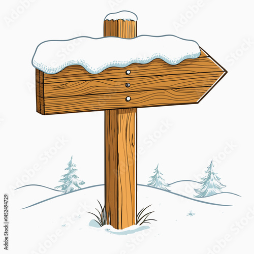 Create a vector illustration of a bold, snow-covered, rustic wooden plank with a thick, dark outline.  The texture should be clearly visible.