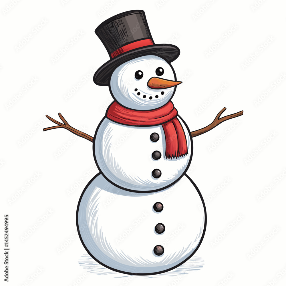 Create a vector illustration of a bold-lined snowman with a prominent facial scar, showcasing a playful yet slightly mischievous expression.