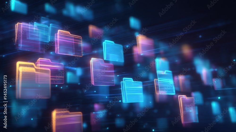 Abstract network grid with files and folders, futuristic software interface, digital document management system, store, search and organize documents, corporate business, paperless office,