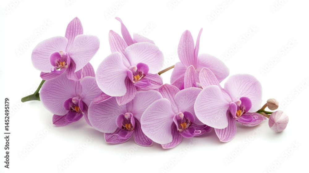Obraz premium Light purple orchids grouped together in an elegant bunch on a white background.