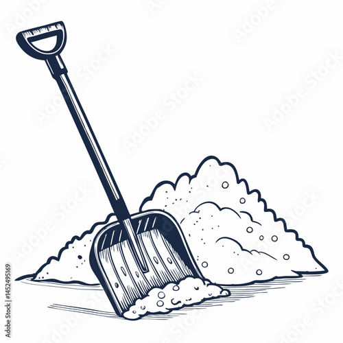 Create a bold, vector illustration of a snow shovel with a strong, clearly defined stroke.  Include realistic details and ensure high resolution for print.