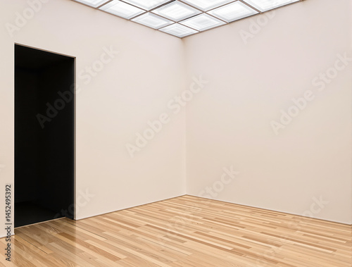 simple empty room with beige walls and a light brown wooden floor
