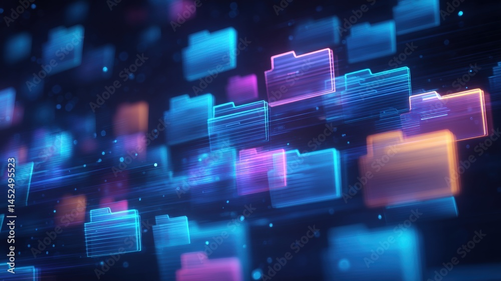 Abstract network grid with files and folders, futuristic software interface, digital document management system, store, search and organize documents, corporate business, paperless office,