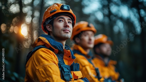 Three rescue workers in bright orange gear observing the sunset in a forested area