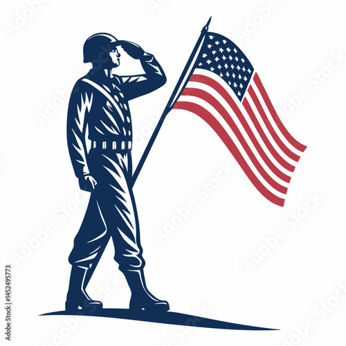 Create a bold, vector illustration of a soldier in crisp uniform sharply saluting, with a thick black stroke outline.  High detail, strong posture.