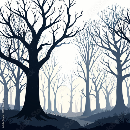 Create a vector illustration of a spooky forest with bold black strokes, featuring gnarled trees, winding paths, and a misty atmosphere.