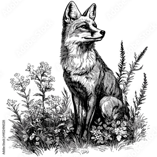 Fox illustration near wild weeds, woodcut vector, black sketch style, vintage animal art, retro engraving look, woodland wildlife scene, old rustic drawing, classic forest animal artwork,