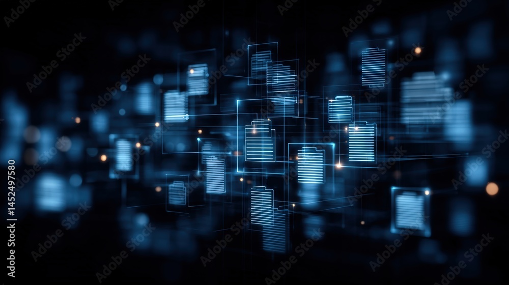 Abstract network grid with files and folders, futuristic software interface, digital document management system, store, search and organize documents, corporate business, paperless office,