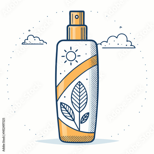 Create a vector illustration of a bold, thick-stroked sunscreen bottle, emphasizing its design and label.  Include a realistic, detailed depiction.
