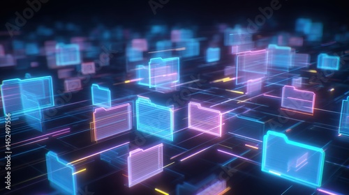 Abstract network grid with files and folders, futuristic software interface, digital document management system, store, search and organize documents, corporate business, paperless office,	