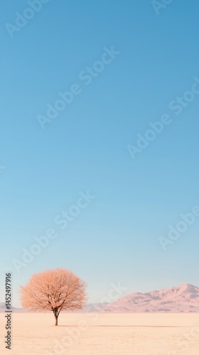 Pastel Pink Tree in a Vast Desert Landscape Under a Clear Blue Sky
