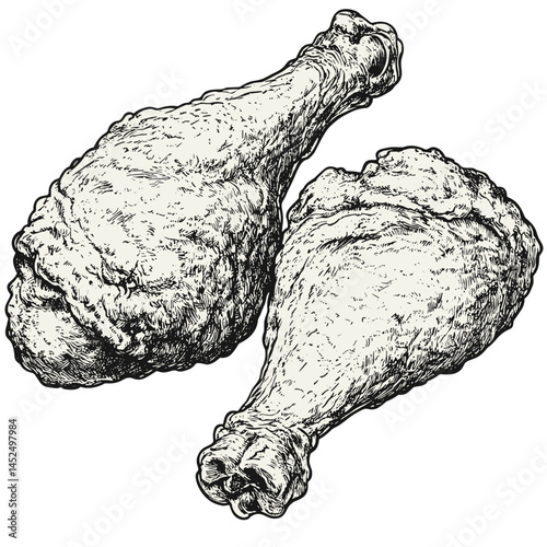Fried chicken vector, vintage engraving style, woodcut food sketch, retro hand drawn meal, traditional rustic kitchen art, culinary ink drawing, chicken drumstick illustration,