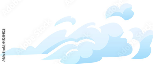 Cartoon style illustration of some light blue clouds floating in a white sky, creating a peaceful and dreamy atmosphere, ideal for childrens books or weather related projects