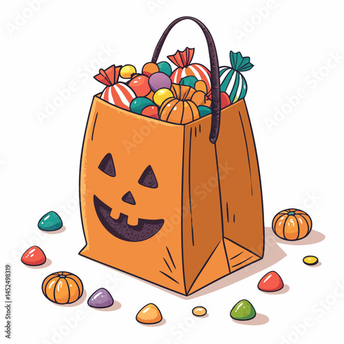 Create a vector illustration of a bold-stroke trick-or-treat bag, featuring a playful design.  Include a clearly defined outline and vibrant colors.