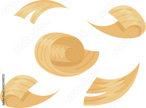 Thin shavings of light brown wood curl and twist, forming eye catching spirals and dynamic shapes against a clean white backdrop, evoking the artistry of woodworking and carpentry