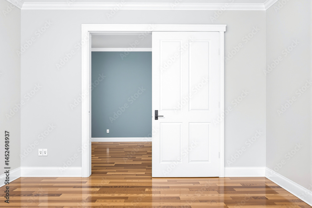 Fototapeta premium open white door to a room with light grey walls and hardwood floors