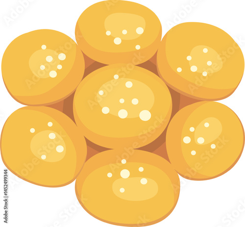 Seven golden cookies, speckled with white sugar granules, arranged in a charming flower like pattern, evoke a sense of warmth and deliciousness, perfect for a sweet treat or a comforting snack