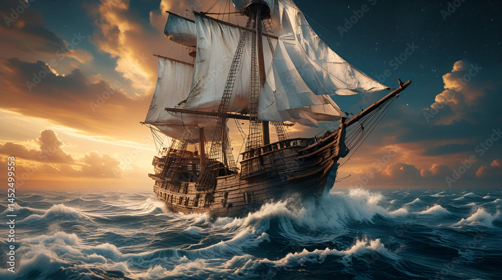 Obraz premium Multicolour Watercolour Ship on the Sea Wall Art – Nautical & Maritime Decor with Vibrant Coastal Elements